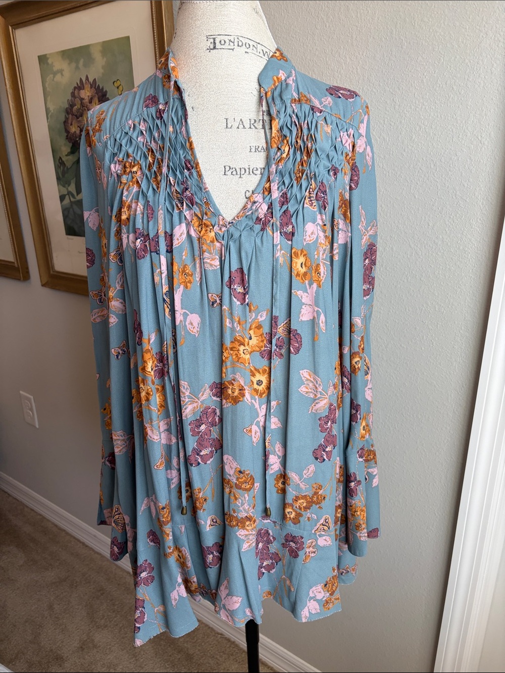 Free People Dusty Blue Floral Smocked V-Neck Tunic